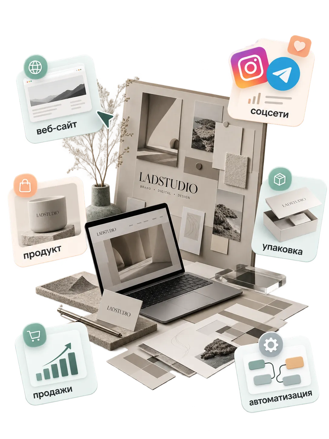 Рабочая композиция LADSTUDIO: ноутбук, брендборд и графические материалы